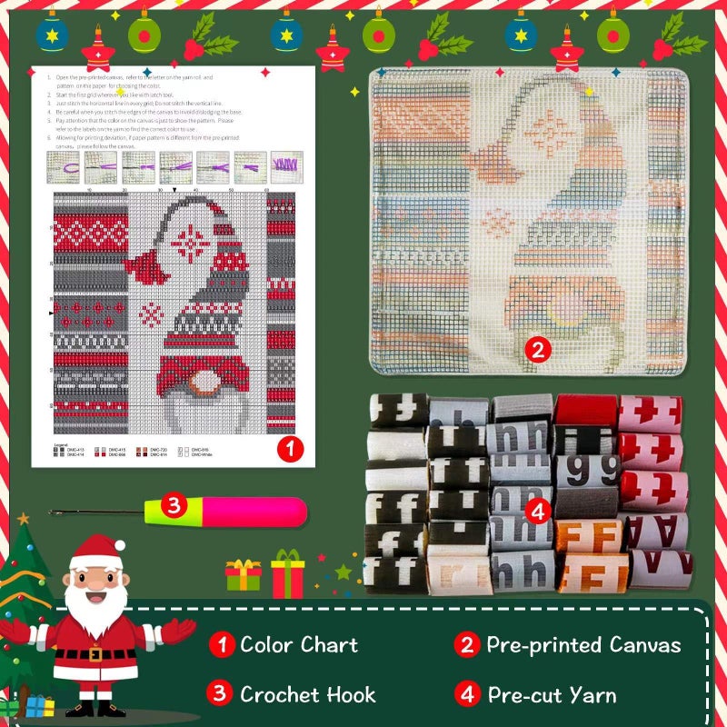 LAPATAIN Latch Hook Kits for DIY Throw Pillow Cover,Needlework Cushion Cover Hand Craft Crochet for Great Family 17X17inch Christmas Hat - Image 2